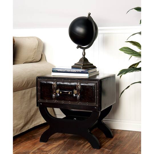 Brown Wood and Faux Leather Traditional Accent Table, 22" x 22" x 16"
